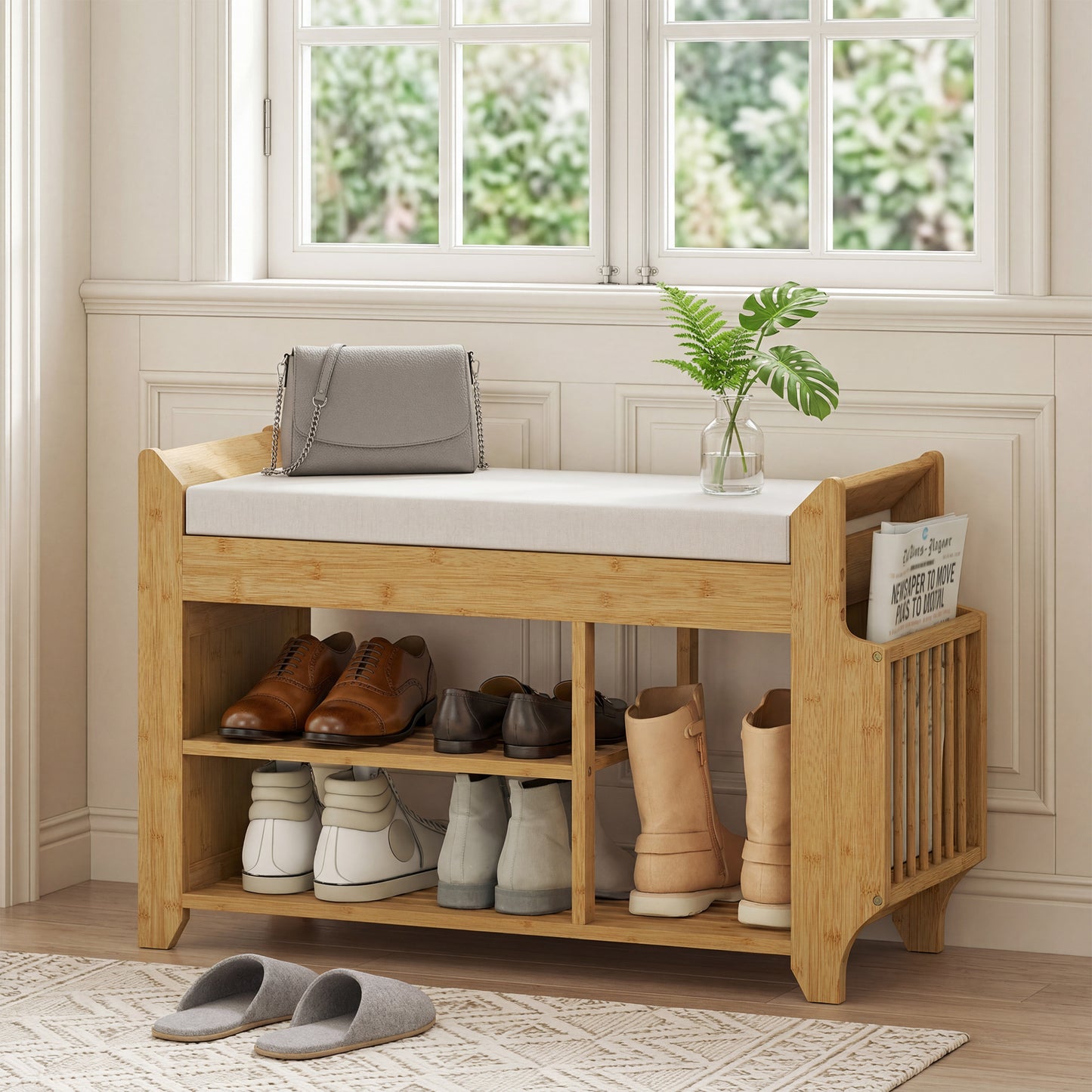 Shoe Bench with Cushioned Seat, Shoe Storage Bench with Side Holder and Boot Section, 2-Tier Natural Bamboo Entryway Rack for Hallway, Living Room, 80 x 30 x 50 cm, Natural and Cream