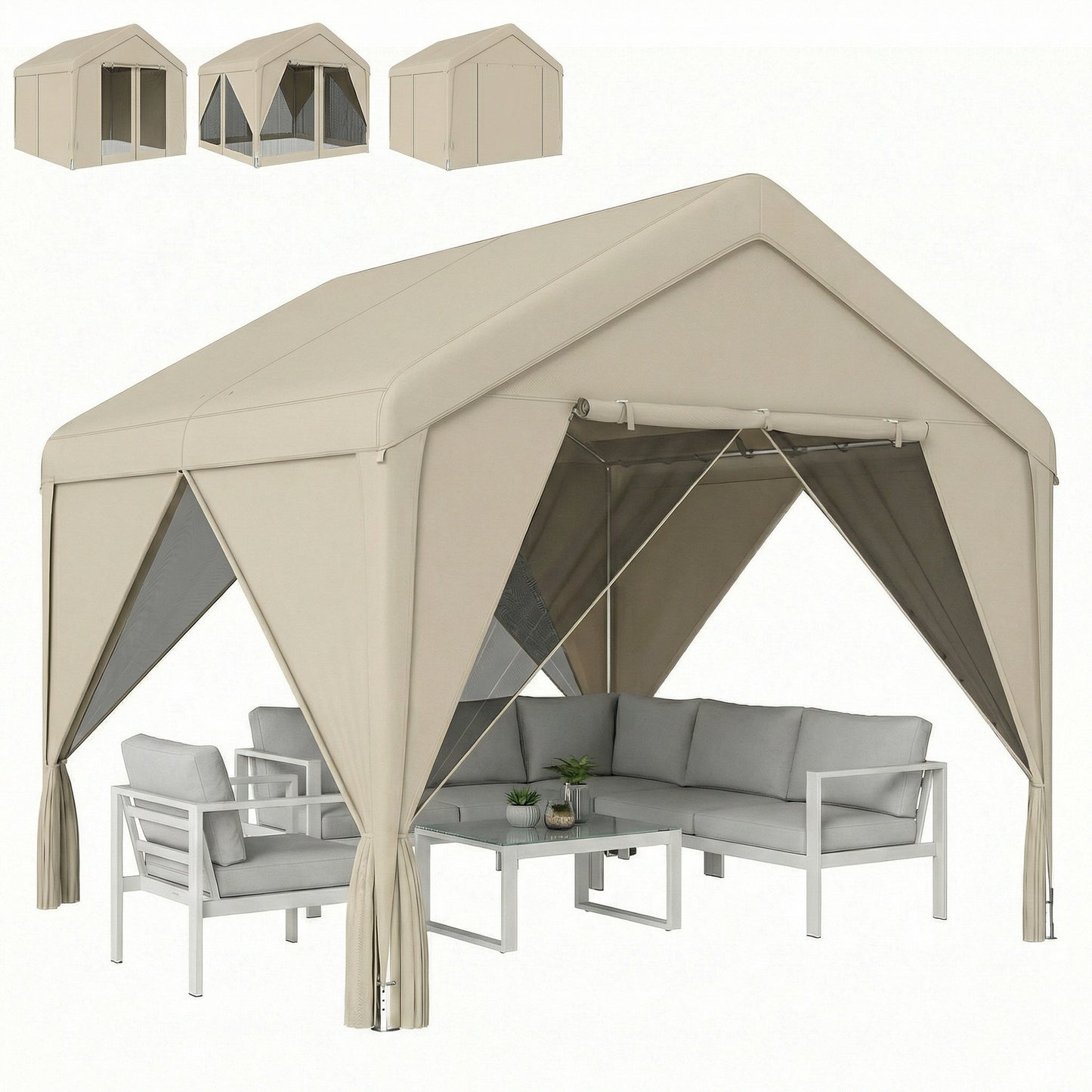 3 x 3 m Outdoor Patio Gazebo with Netting and Curtains, Khaki