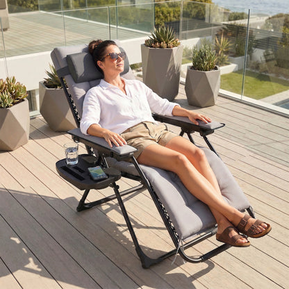 Zero Gravity Chair Sun Lounger with Cup Holder, Cushion, Light Grey