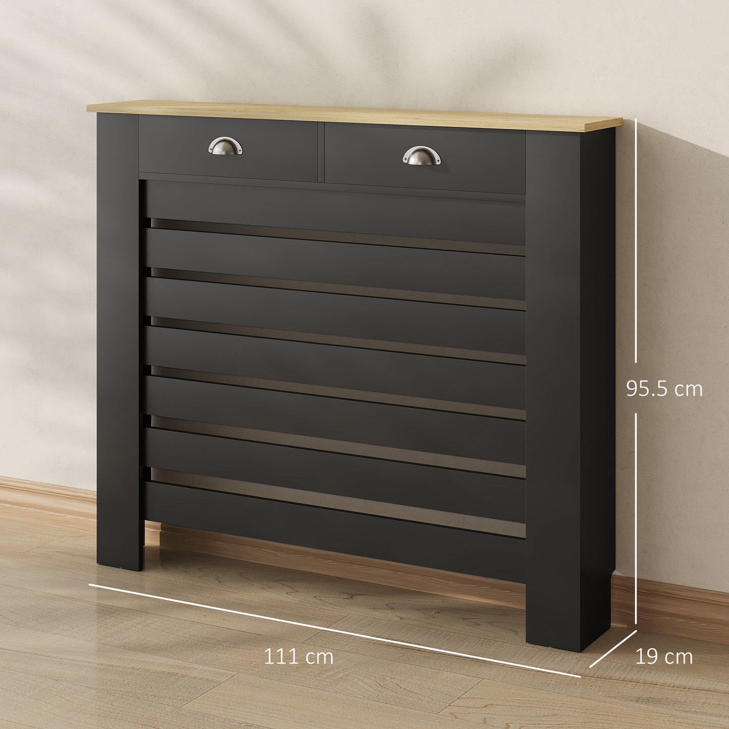 Radiator Cover with Drawer, Horizontal Slat, 111cm, Black