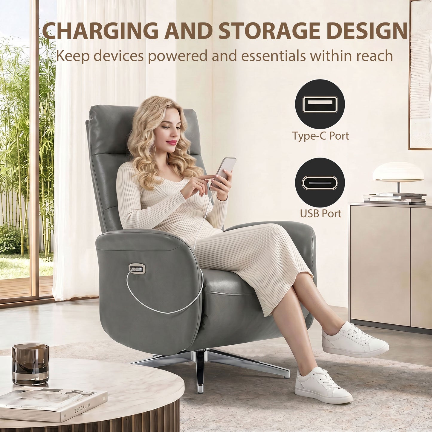 Recliner Armchair, Swivel Recliner with Type C+USB, Dark Grey
