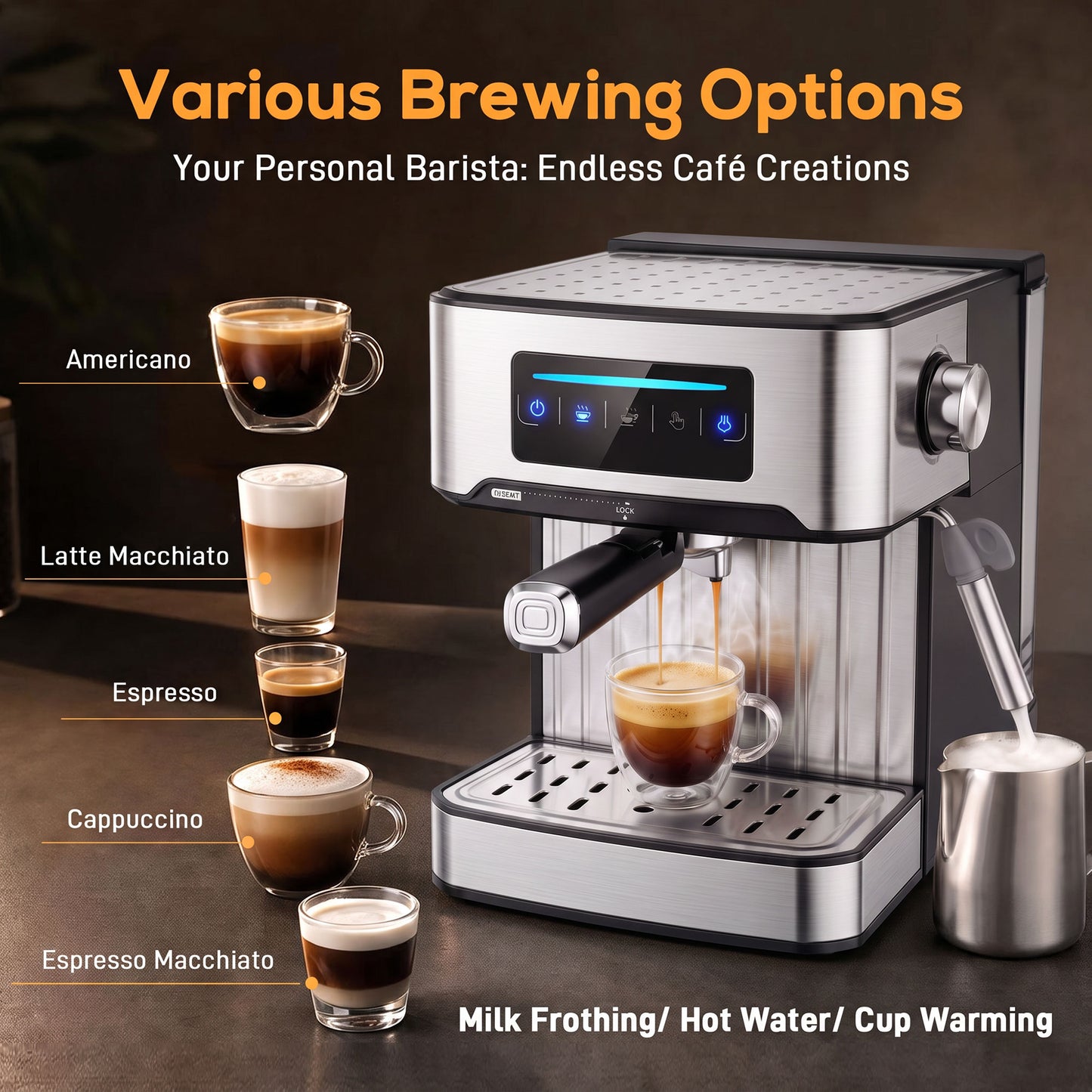 Espresso Machine, 20-Bar, 1.6 L Tank, LED Touch, Black