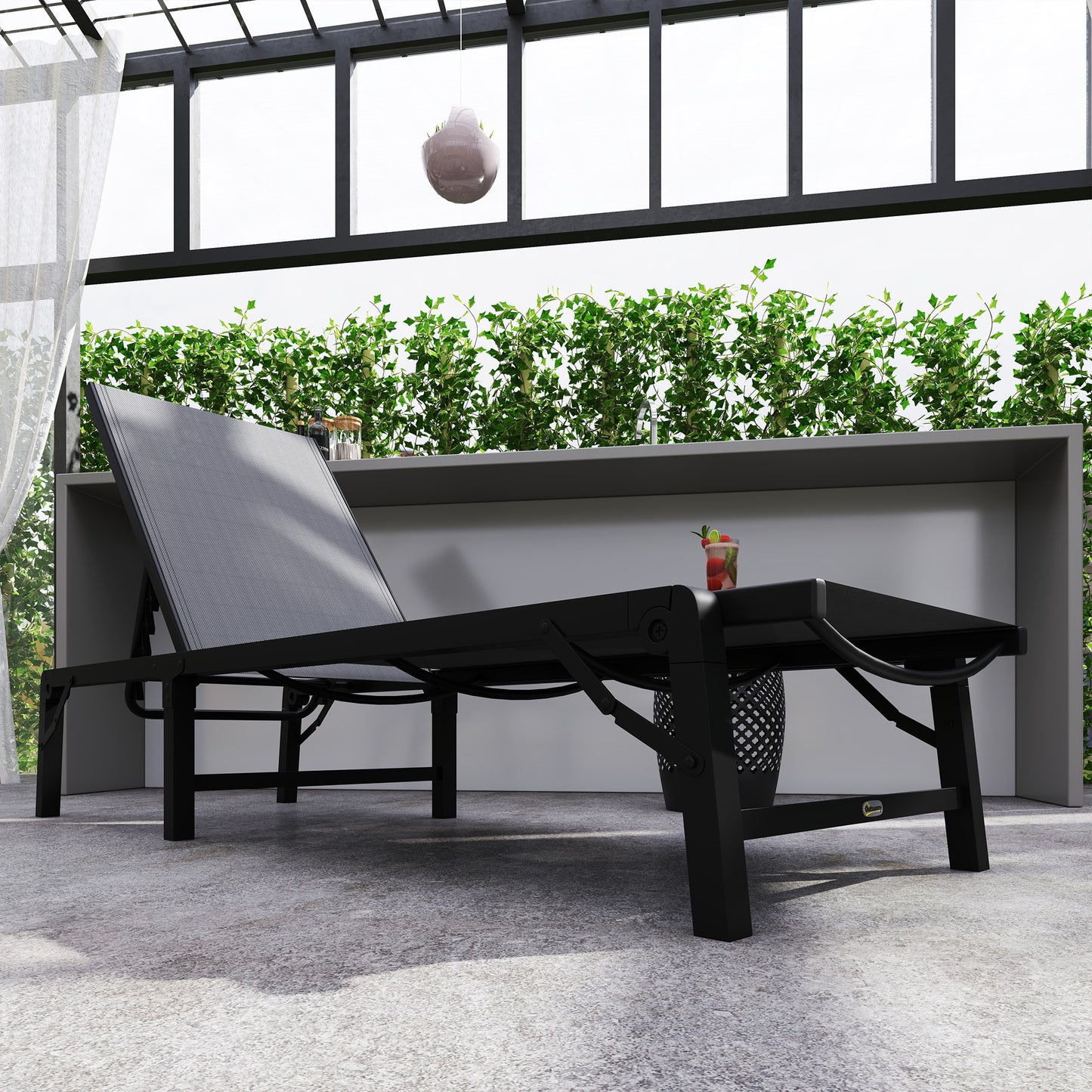 Folding Sun Lounger, 5-Position Adjustable Bed, Light Grey