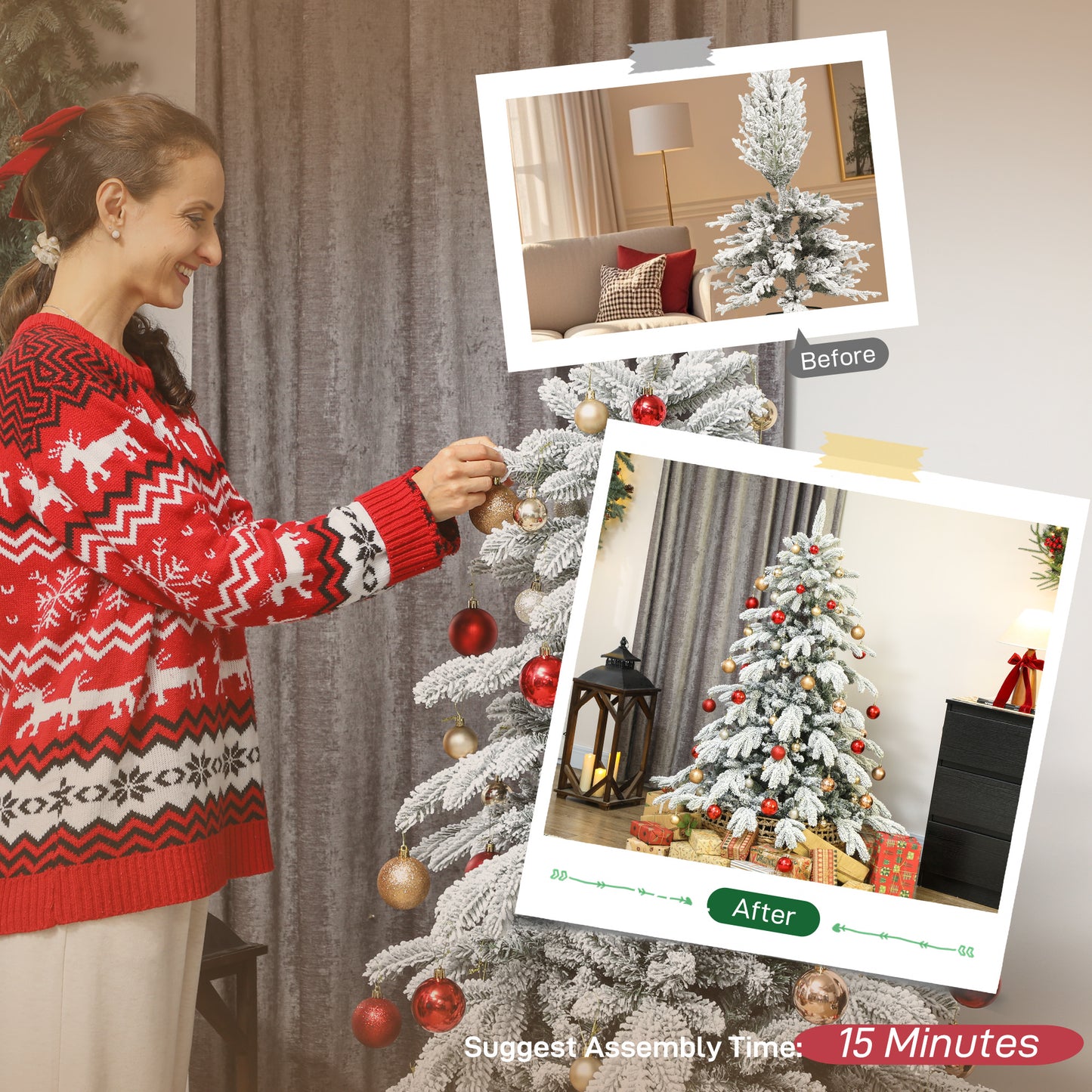 5ft Christmas Tree with Flocked Realistic Tips, Hinged Xmas Tree