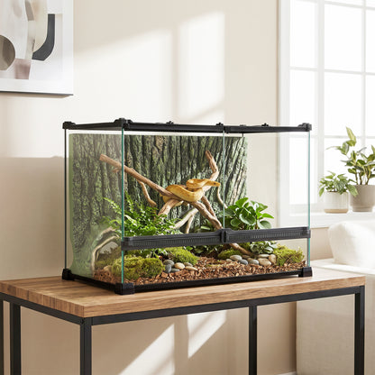 Reptile Glass Terrarium, Reptile Vivarium with Tree Bark Background, Front Ventilation, Escape-Proof Knob Lock, Glass Enclosure for Lizards, Horned Frogs, Snakes, 50 x 30 x 35 cm, Black