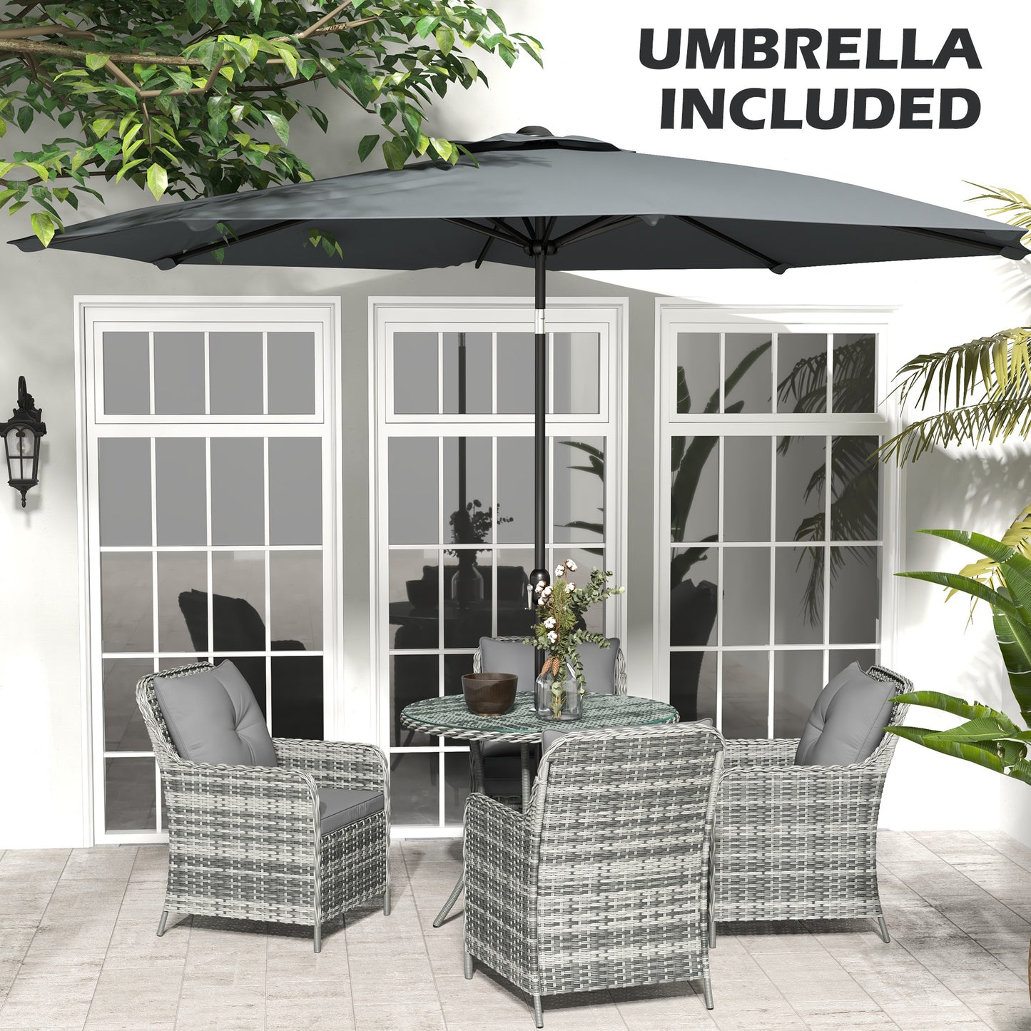 6 Pieces Garden Dining Set, 4 Seater Rattan Dining Set Outdoor with Umbrella, Cushions, Tempered Glass Top Table