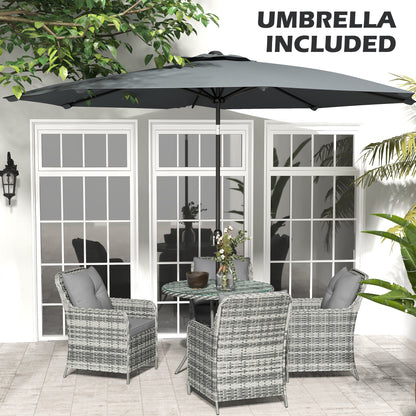6 Pieces Garden Dining Set, 4 Seater Rattan Dining Set Outdoor with Umbrella, Cushions, Tempered Glass Top Table