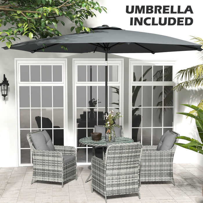 6 Pieces Garden Dining Set, 4 Seater Rattan Dining Set Outdoor with Umbrella, Cushions, Tempered Glass Top Table