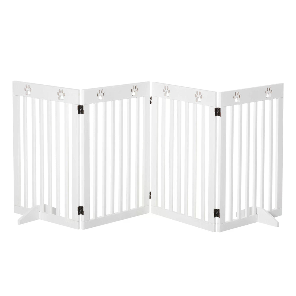 Pet Gate 4 Panel Wooden Foldable Fence Freestanding Dog Safety Barrier with 2 Support Feet for Doorways Stairs 80'' x 30'' White