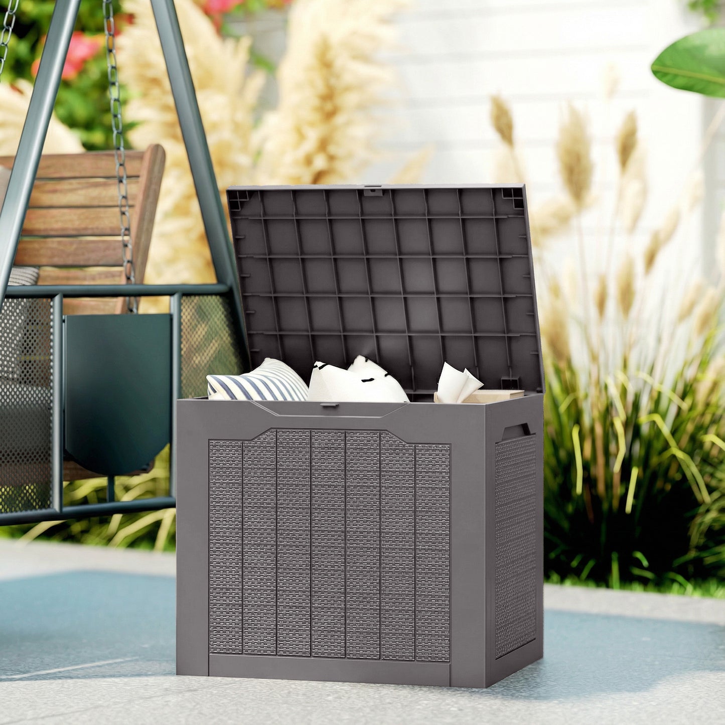 93L Plastic Garden Storage Box, Storage Container w/ Handles, Brown