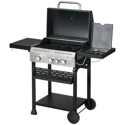 Galvanised Steel 3+1 Gas Burner BBQ Grill Trolley, Black