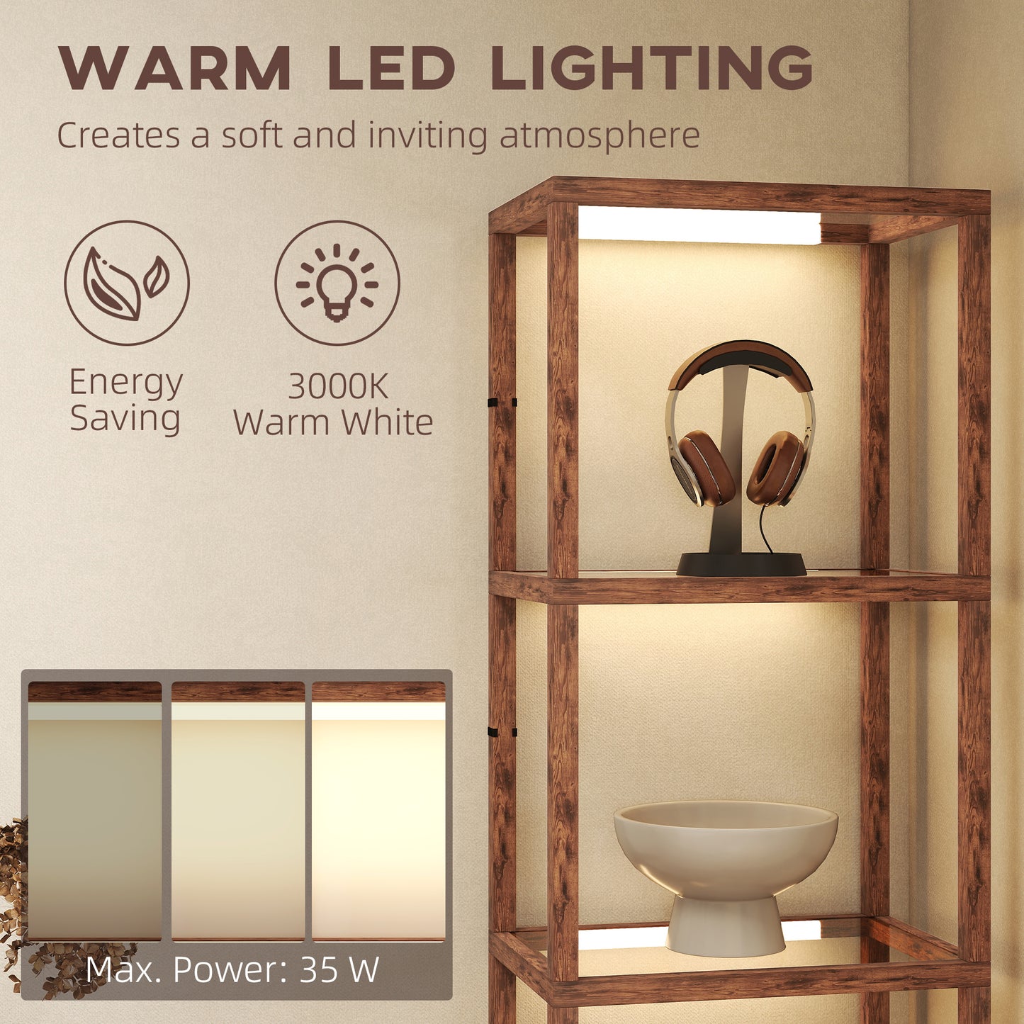 LED Floor Lamp with Glass Shelves, Dimmable Room Lamp, Rustic Brown
