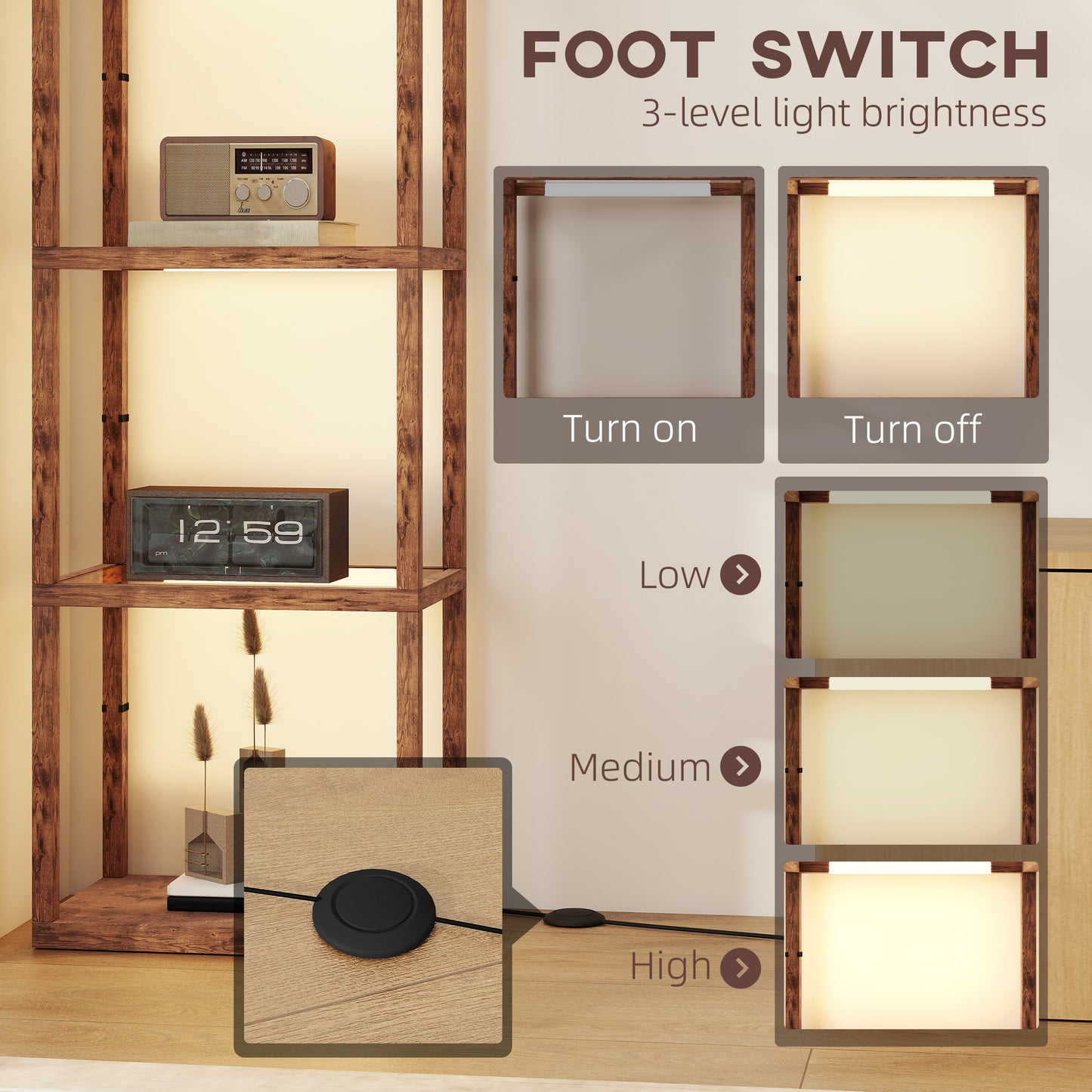 LED Floor Lamp with Glass Shelves, Dimmable Room Lamp, Rustic Brown