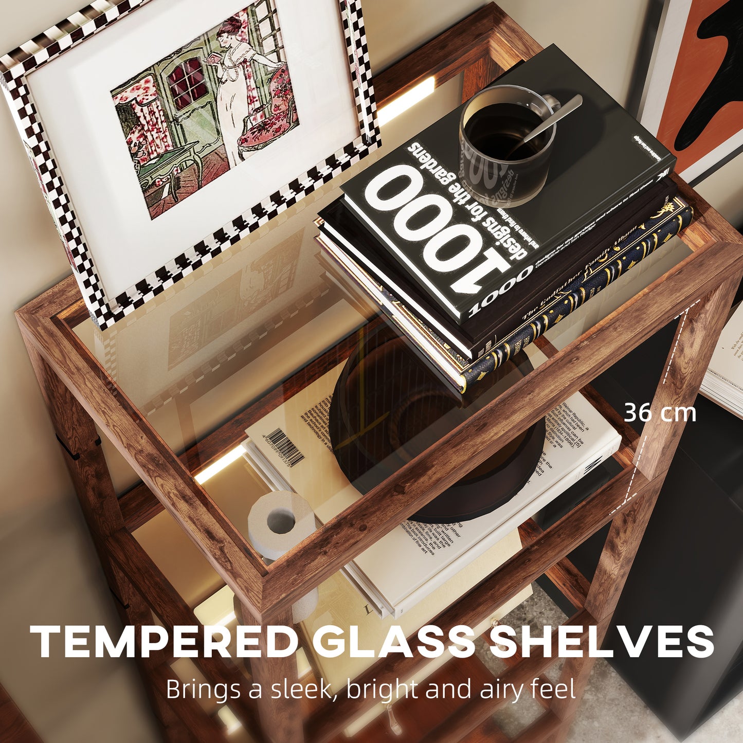 LED Floor Lamp with Glass Shelves, Dimmable Room Lamp, Rustic Brown