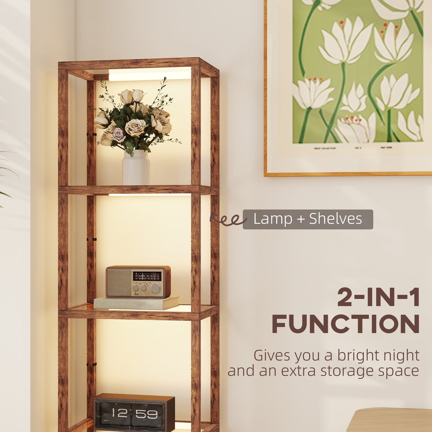 LED Floor Lamp with Glass Shelves, Dimmable Room Lamp, Rustic Brown
