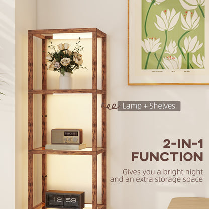 LED Floor Lamp with Glass Shelves, Dimmable Room Lamp, Rustic Brown