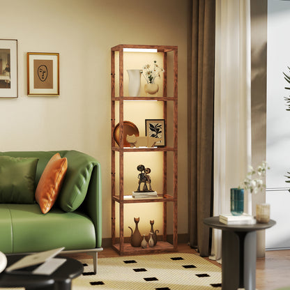 LED Floor Lamp with Glass Shelves, Dimmable Room Lamp, Rustic Brown