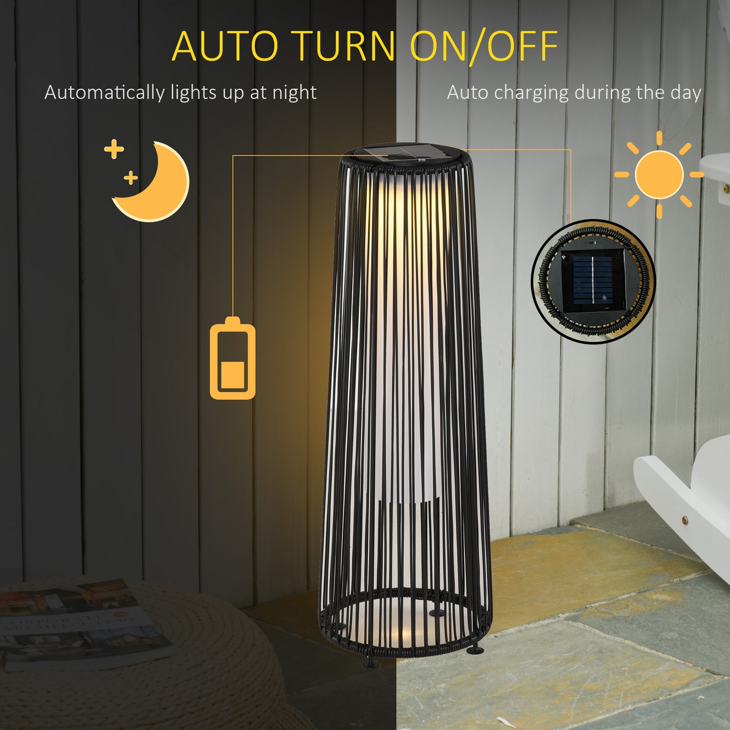 Garden Solar Powered Lights Woven Wicker Lantern Auto On/Off Black