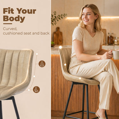 Swivel Bar Stools Set of 2, Textured Faux Leather Counter Stools with Backrest and Footrest, Height Adjustable Breakfast Chairs for Kitchen Island, Home Bar, Dining Room, Light Brown