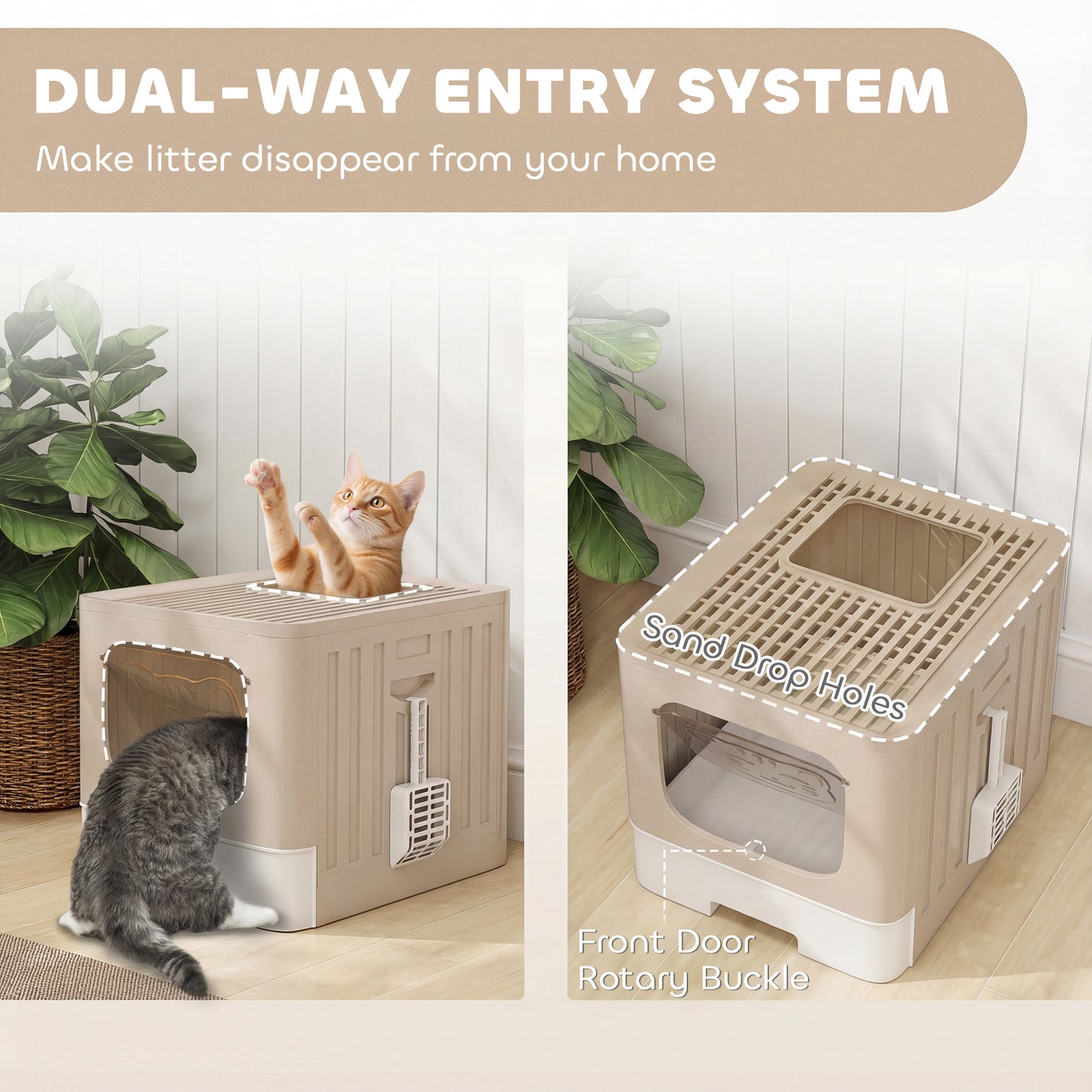 Foldable Cat Litter Box with Lid, Slide-Out Drawer, Khaki