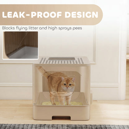 Foldable Cat Litter Box with Lid, Slide-Out Drawer, Khaki