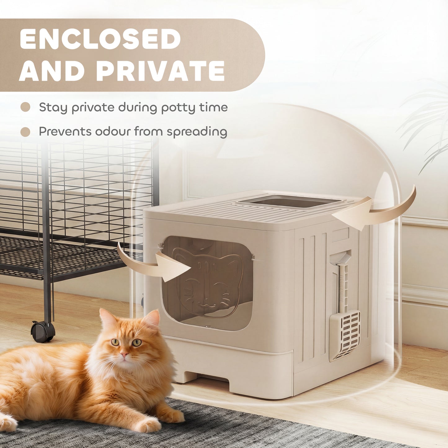 Foldable Cat Litter Box with Lid, Slide-Out Drawer, Khaki