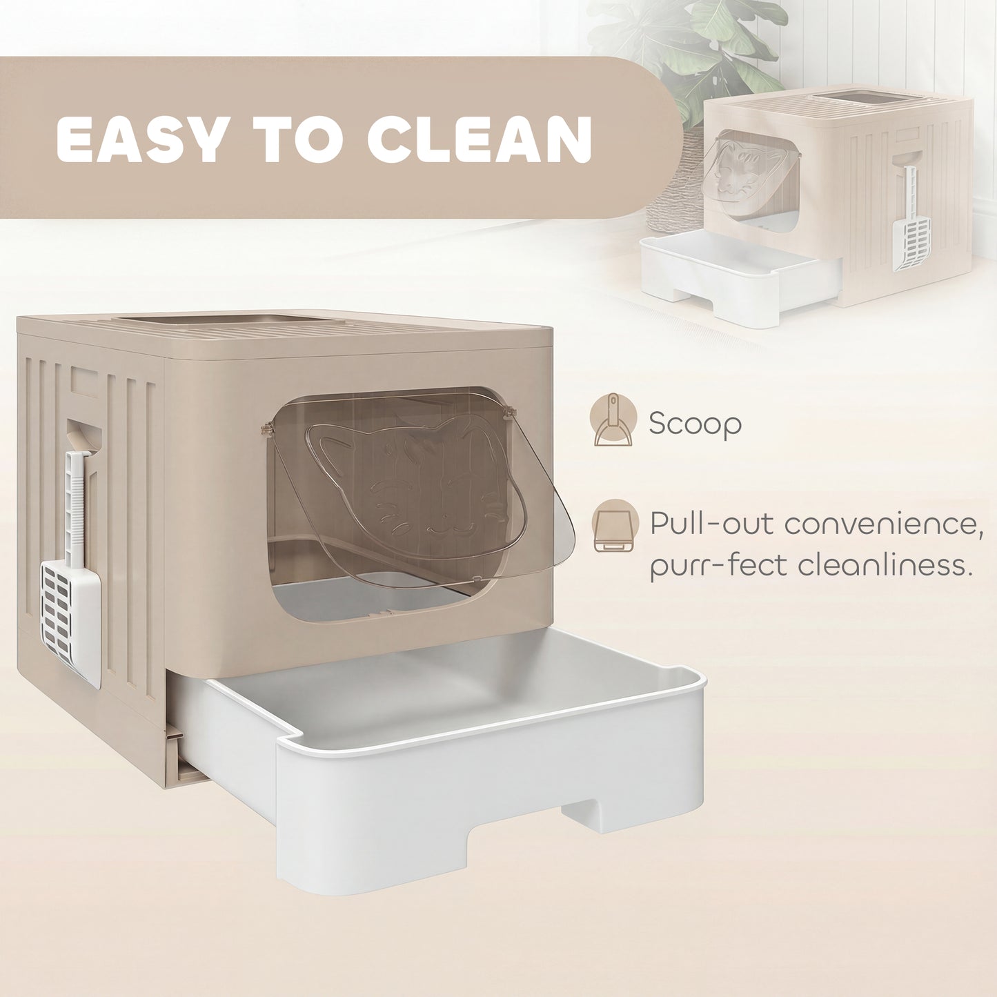 Foldable Cat Litter Box with Lid, Slide-Out Drawer, Khaki