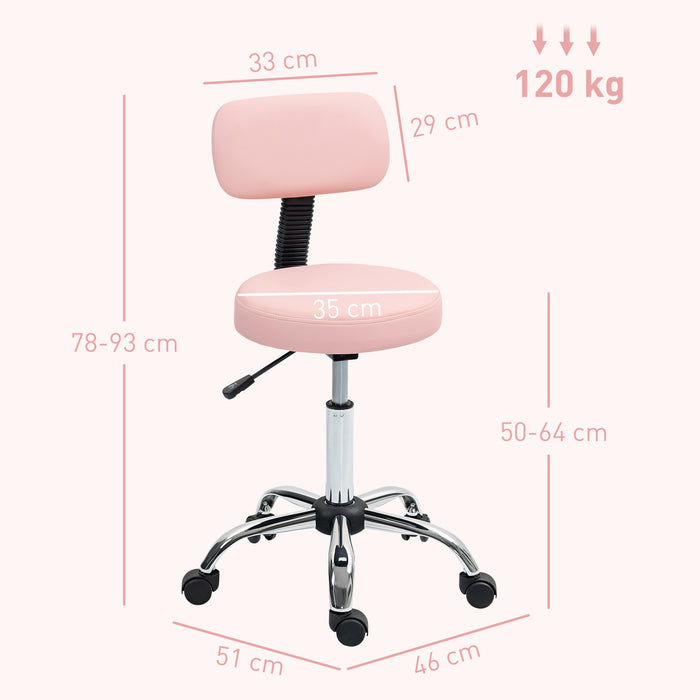 Rolling Stool with Backrest, Wheels, Faux Leather Salon Chair, Pink