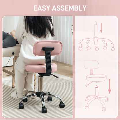 Rolling Stool with Backrest, Wheels, Faux Leather Salon Chair, Pink