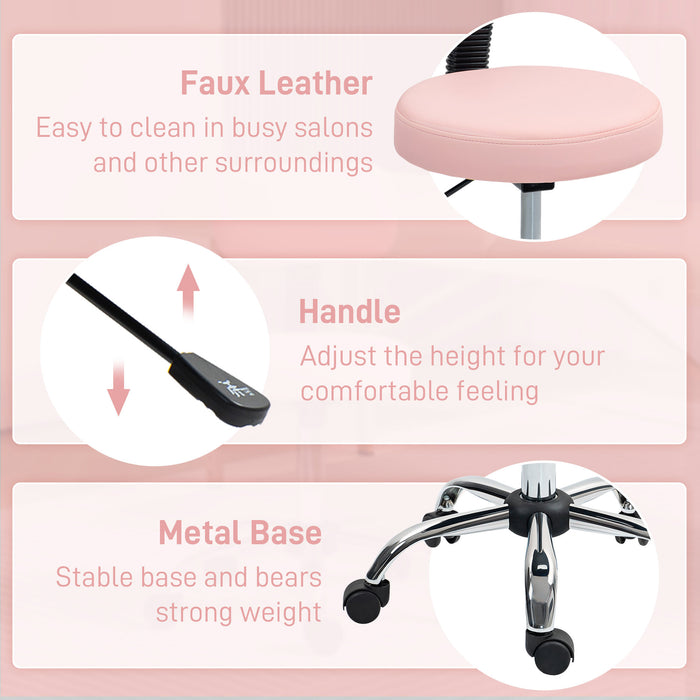 Rolling Stool with Backrest, Wheels, Faux Leather Salon Chair, Pink