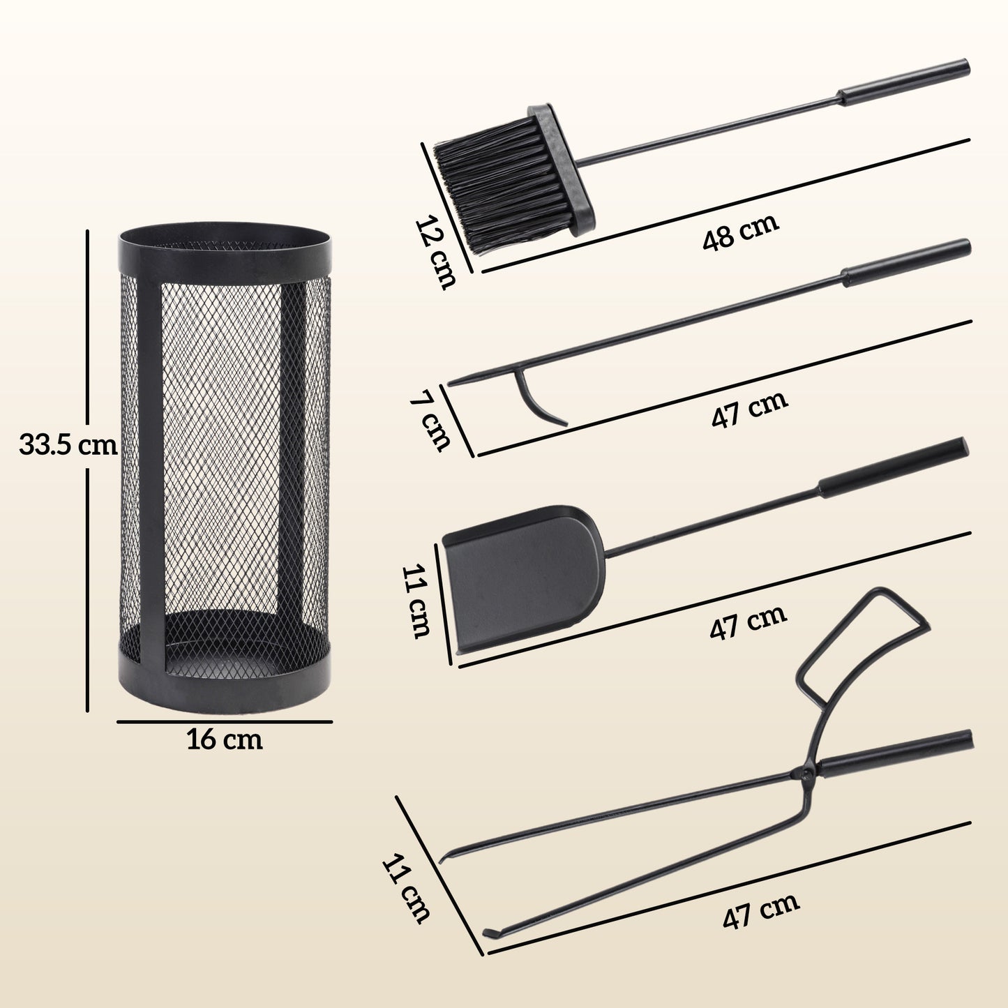 5-Piece Fireplace Companion Set, Metal Fireplace Tools Set with Brush, Shovel, Poker, Tongs and Bucket, Fireside Companion for Indoor or Outdoor Fireplaces, Chimineas, Fire Pits