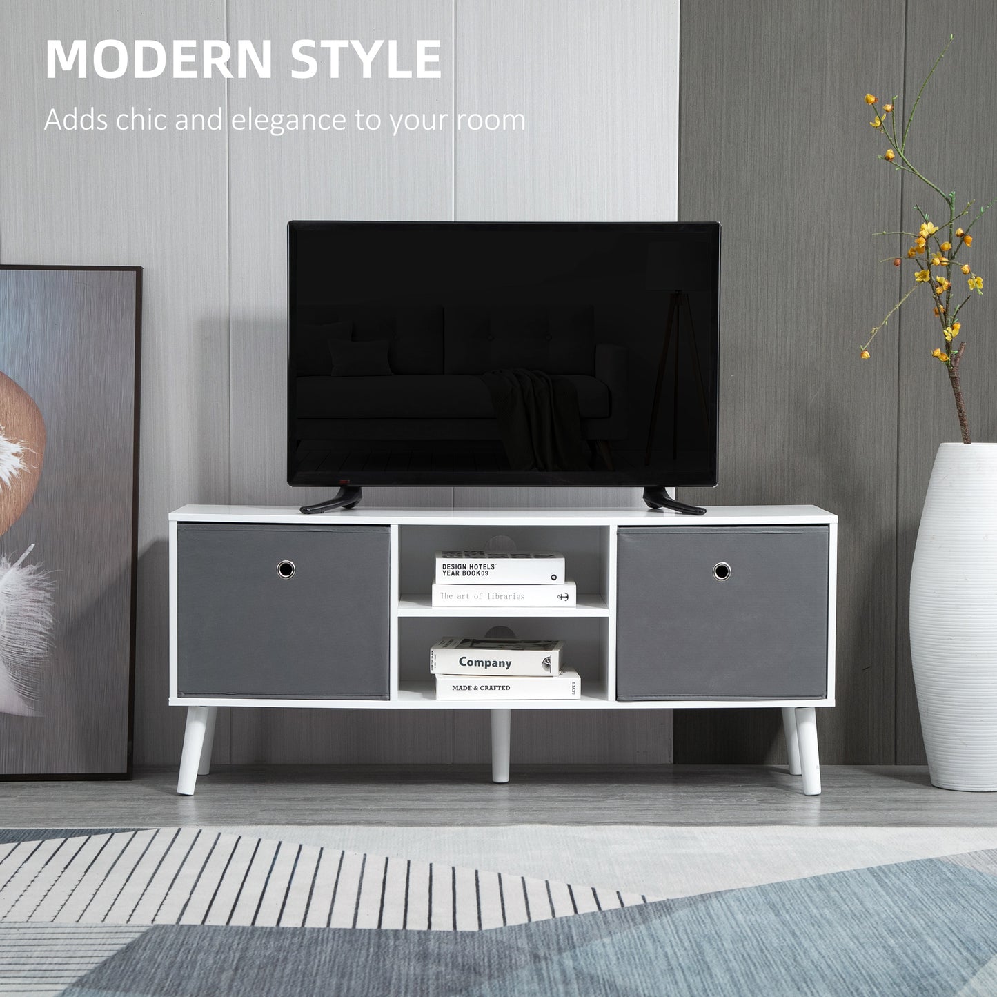 Modern TV Cabinet Stand w/ Shelves & Drawers, Bedroom White & Grey
