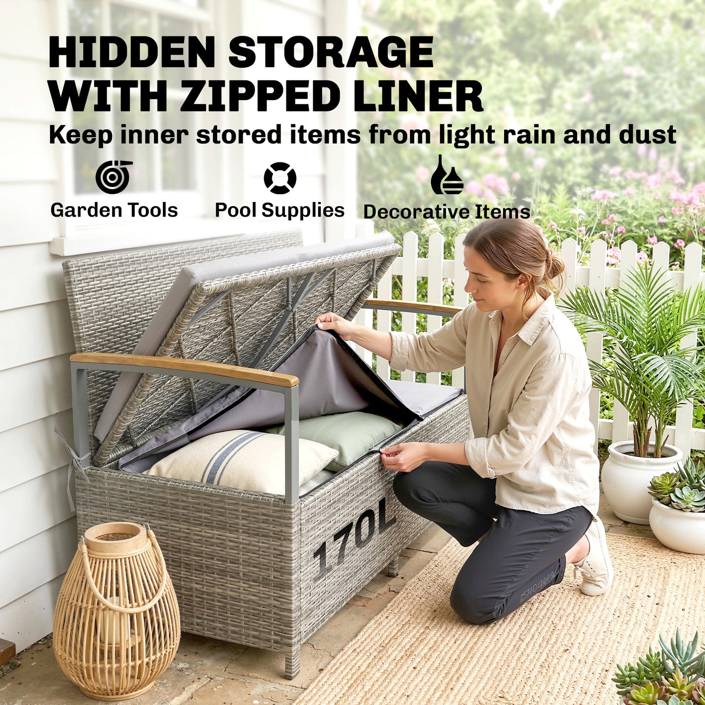 170 L Garden Storage Bench with Zipped Liner, 2 Seater PE Rattan Garden Bench with Storage, Gas Strut, Acacia Wood Top Armrests, Cushion, Patio Outdoor Benches Chest Container, Light Grey