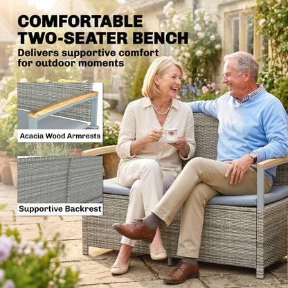 170 L Garden Storage Bench with Zipped Liner, 2 Seater PE Rattan Garden Bench with Storage, Gas Strut, Acacia Wood Top Armrests, Cushion, Patio Outdoor Benches Chest Container, Light Grey