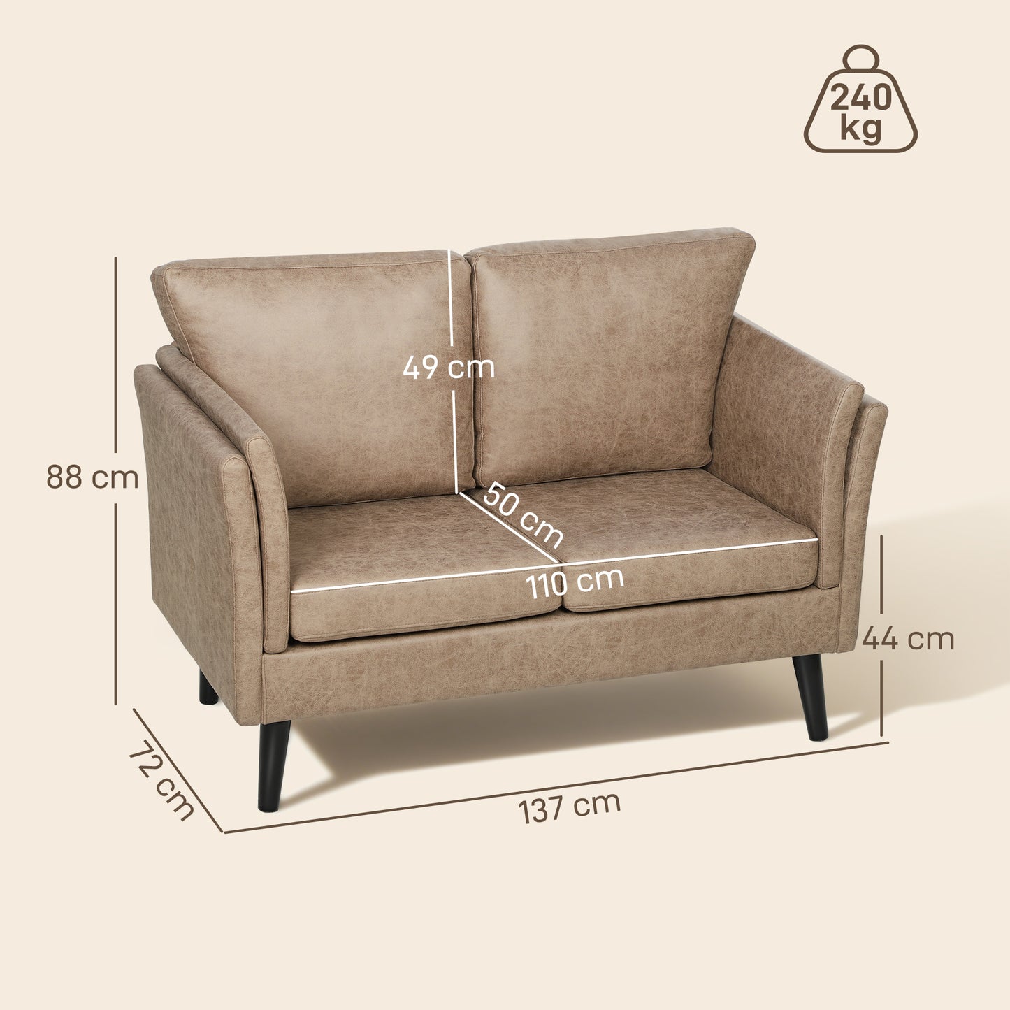 Small Sofa, Loveseat Sofa for Bedroom, Home Office, Light Brown