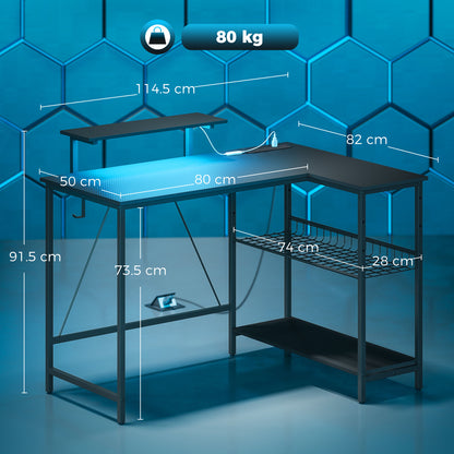 Reversible L-Shaped Gaming Desk with LED Lights and USB Power Strip - Black
