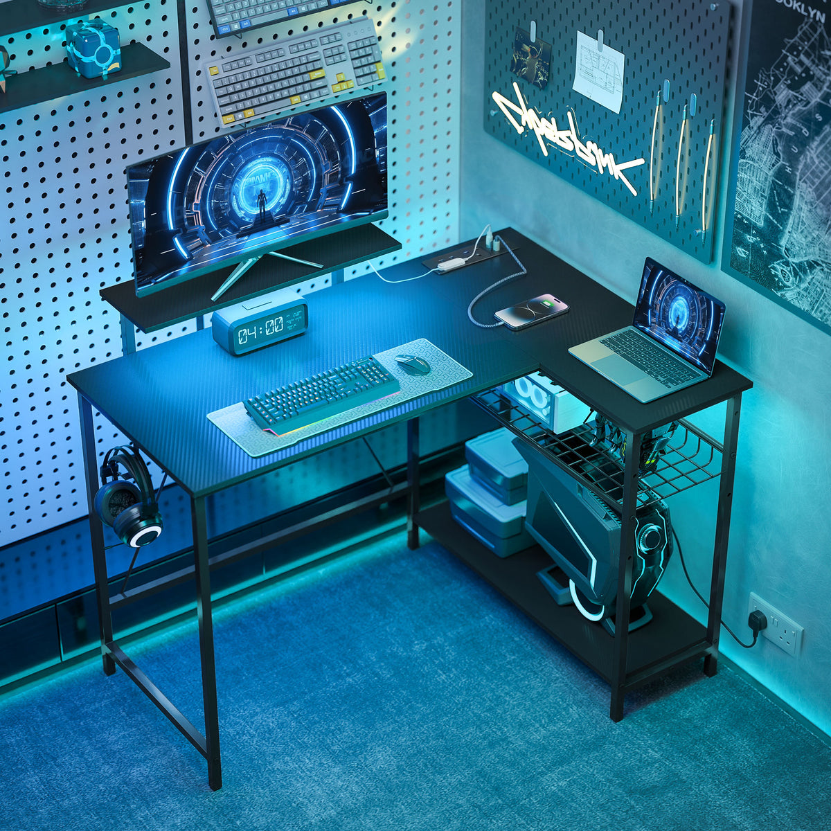 Reversible L-Shaped Gaming Desk with LED Lights and USB Power Strip - Black