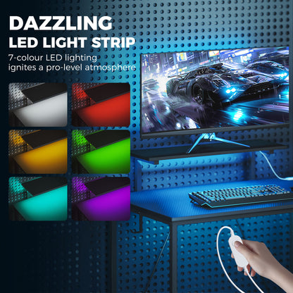 Reversible L-Shaped Gaming Desk with LED Lights and USB Power Strip - Black