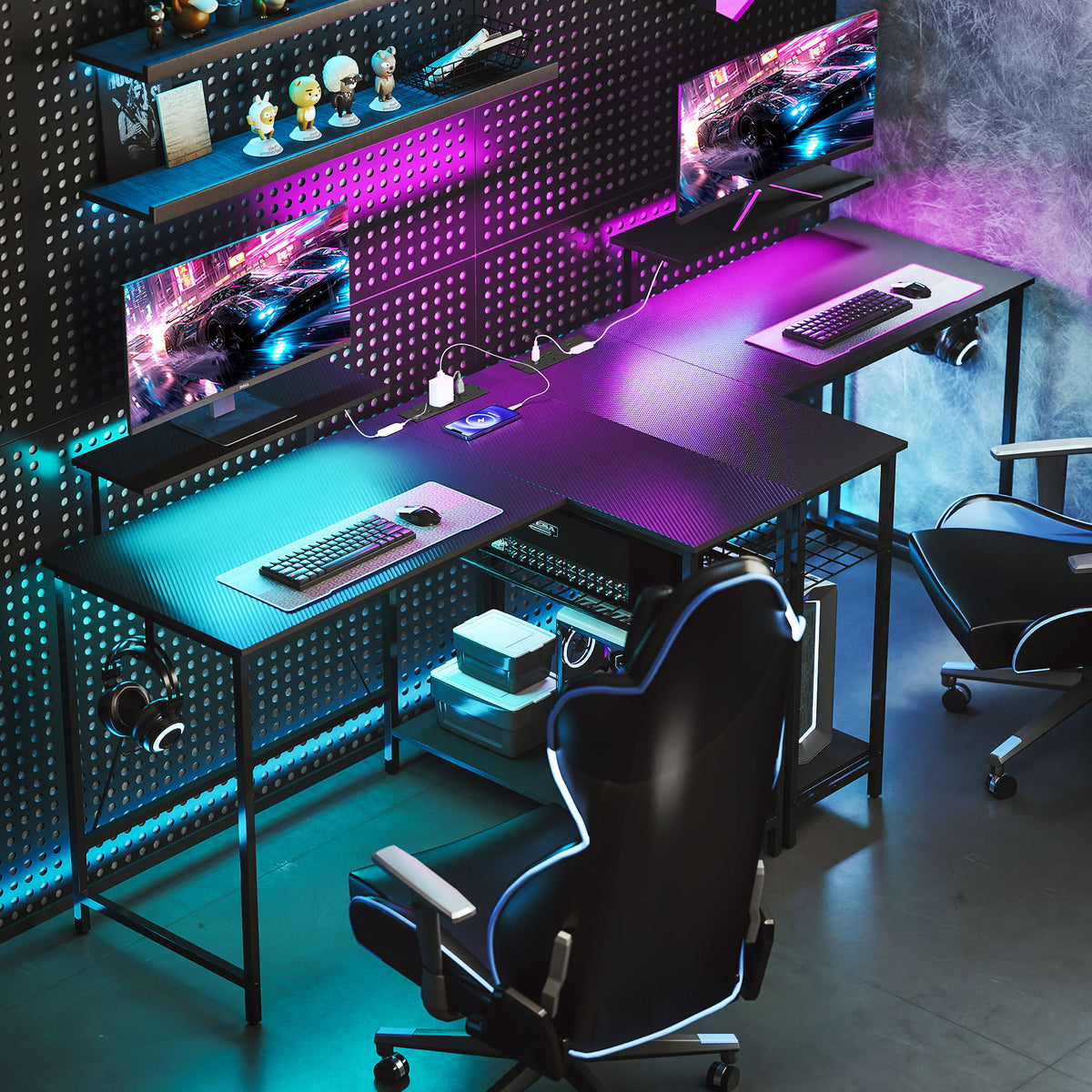 Reversible L-Shaped Gaming Desk with LED Lights and USB Power Strip - Black