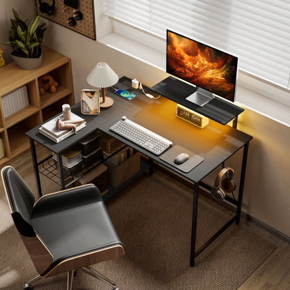Reversible L-Shaped Gaming Desk with LED Lights and USB Power Strip - Black