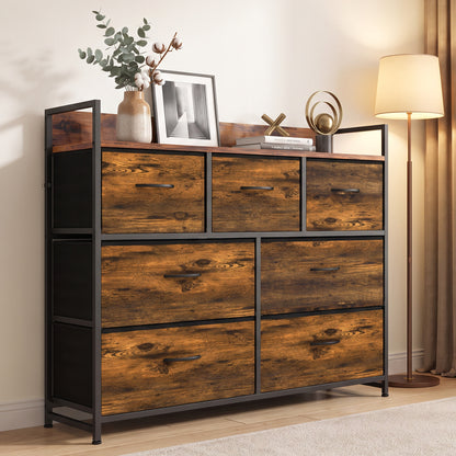 7-Drawer Fabric Chest with Raised-Edge Top Shelf - Rustic Brown & Black