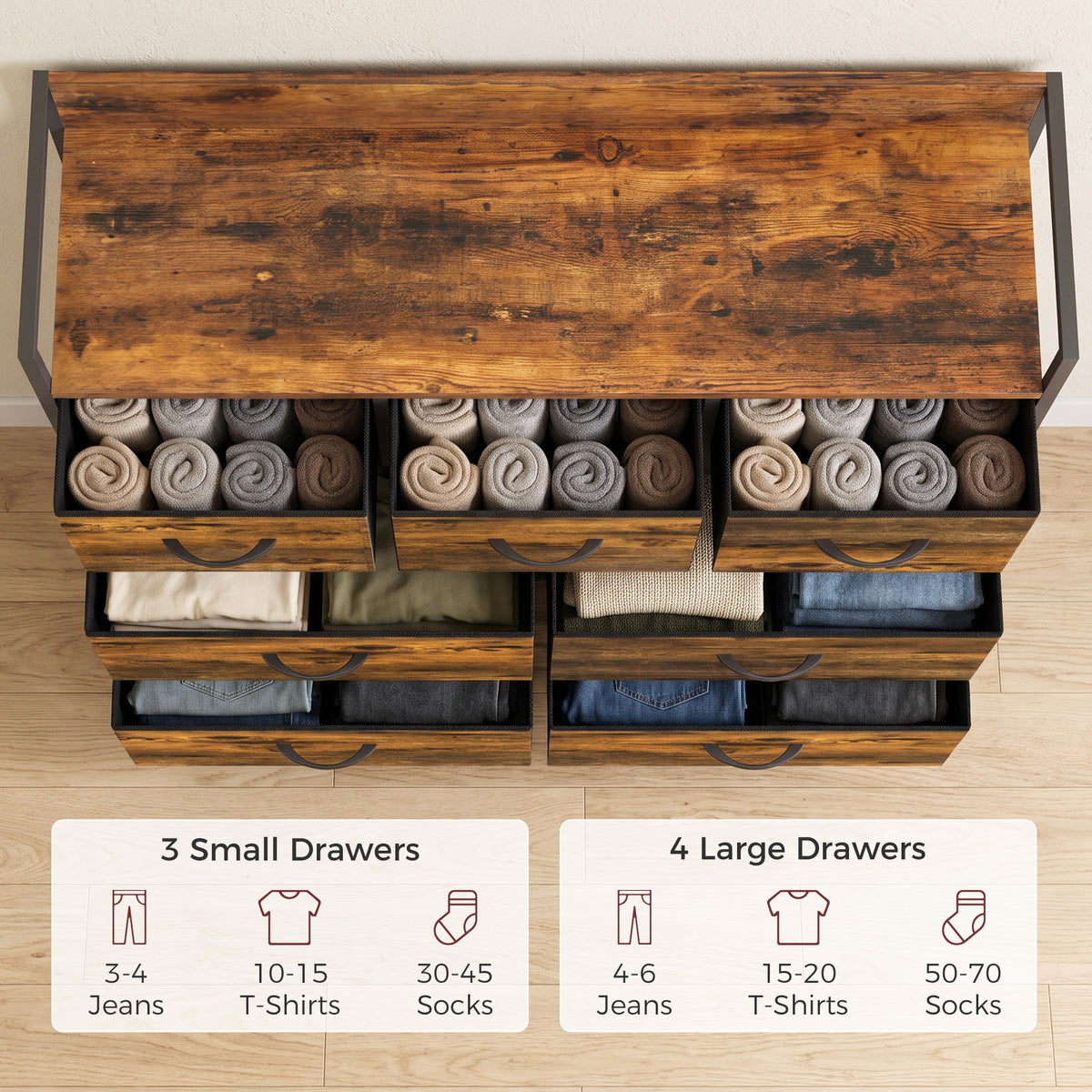 7-Drawer Fabric Chest with Raised-Edge Top Shelf - Rustic Brown & Black