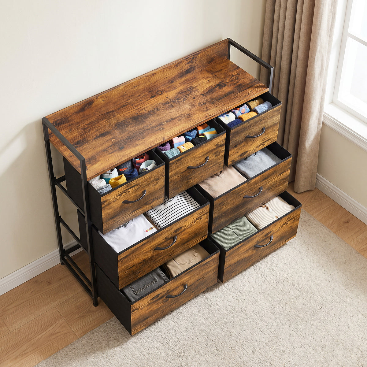 7-Drawer Fabric Chest with Raised-Edge Top Shelf - Rustic Brown & Black