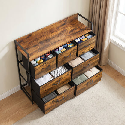 7-Drawer Fabric Chest with Raised-Edge Top Shelf - Rustic Brown & Black