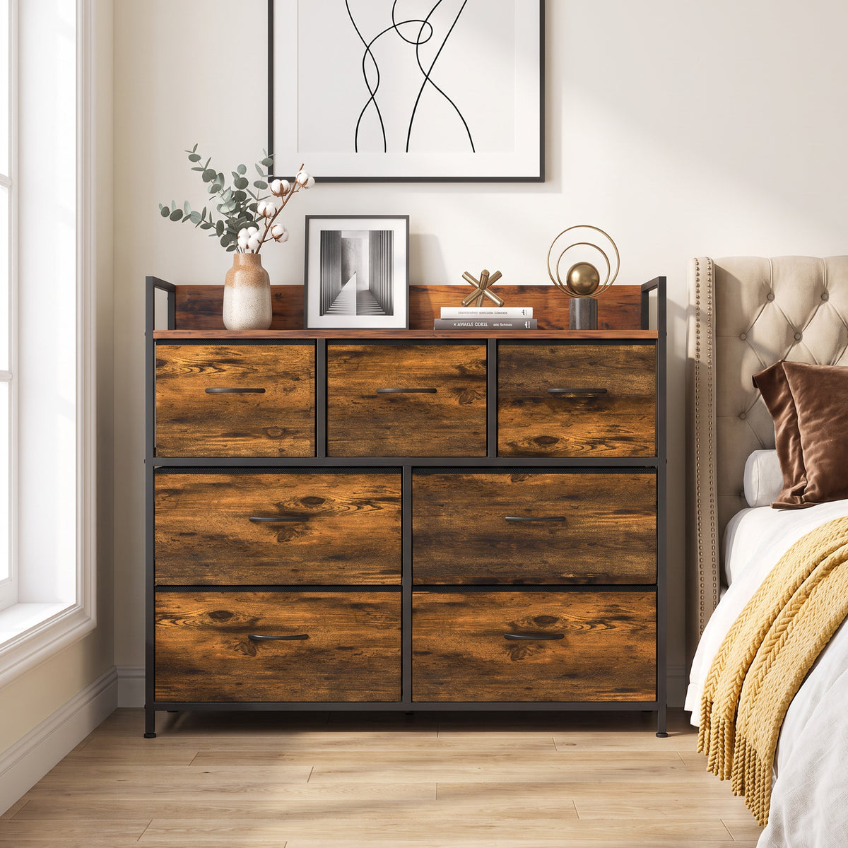 7-Drawer Fabric Chest with Raised-Edge Top Shelf - Rustic Brown & Black