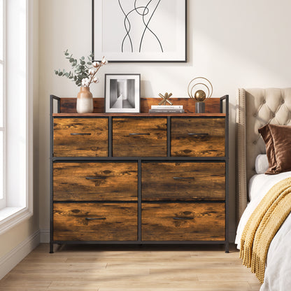 7-Drawer Fabric Chest with Raised-Edge Top Shelf - Rustic Brown & Black
