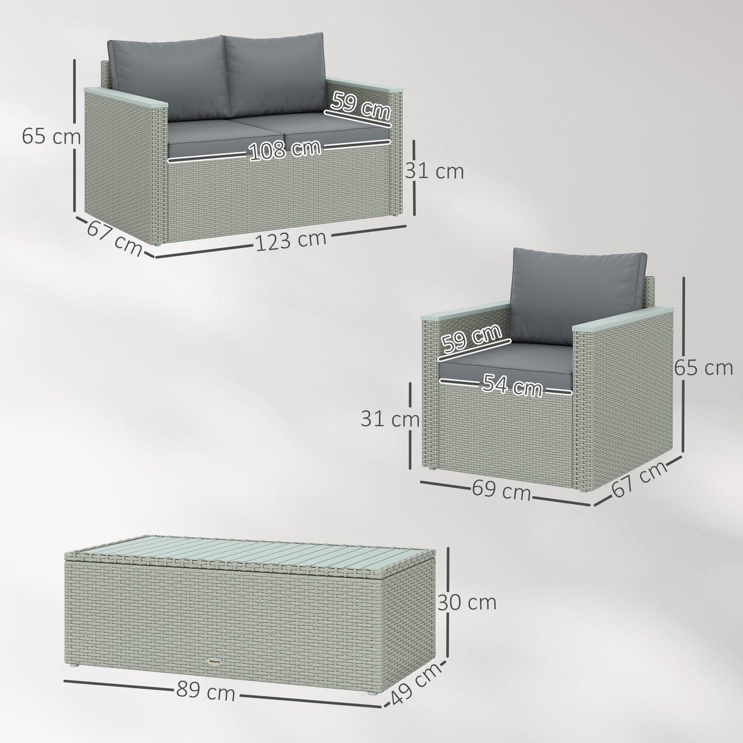 4 Piece Rattan Garden Furniture Set with Cushions, Light Grey