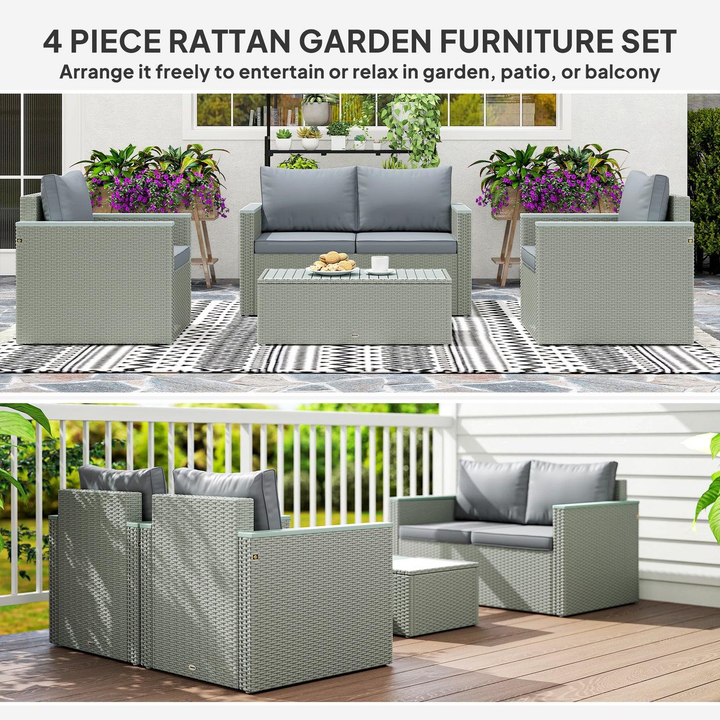 4 Piece Rattan Garden Furniture Set with Cushions, Light Grey