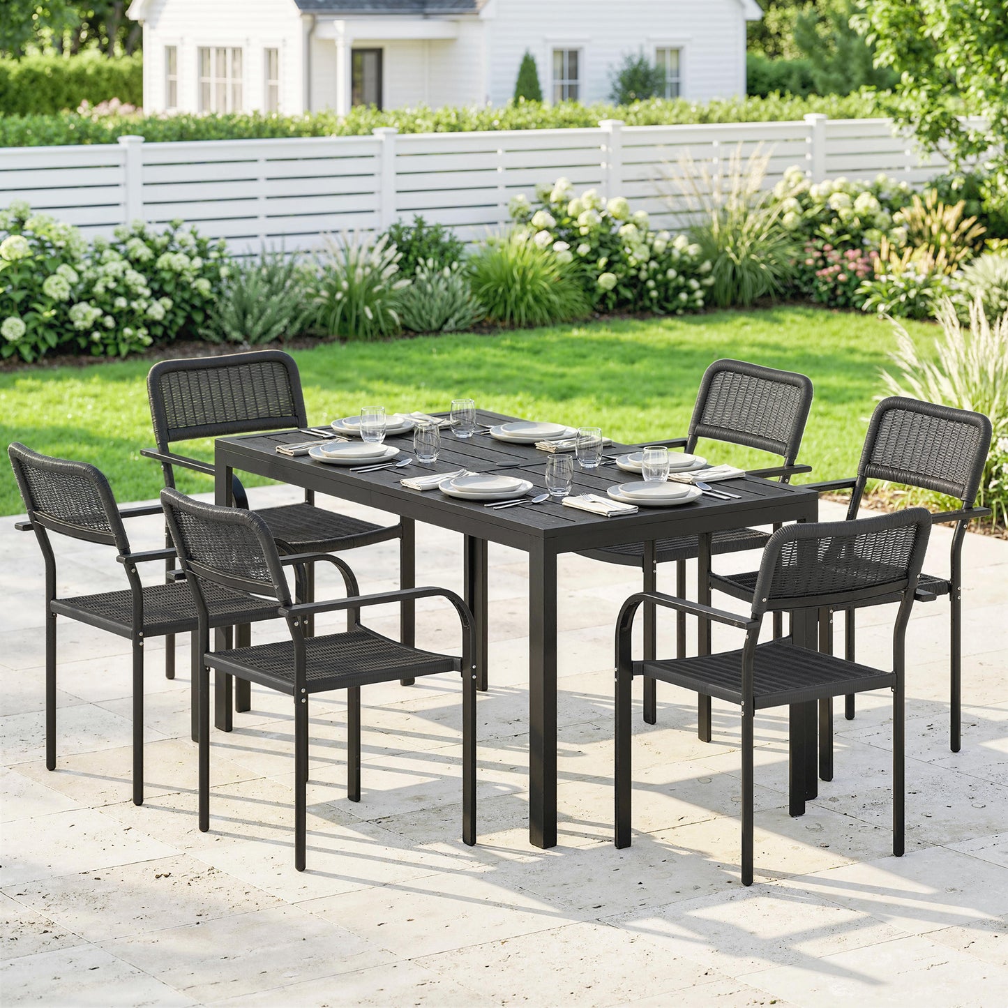 Garden Dining Set with Umbrella Hole for 6 People, Black