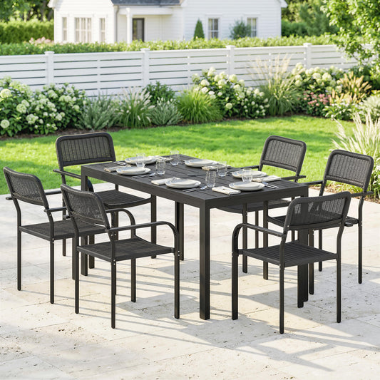 Garden Dining Set with Umbrella Hole for 6 People, Black